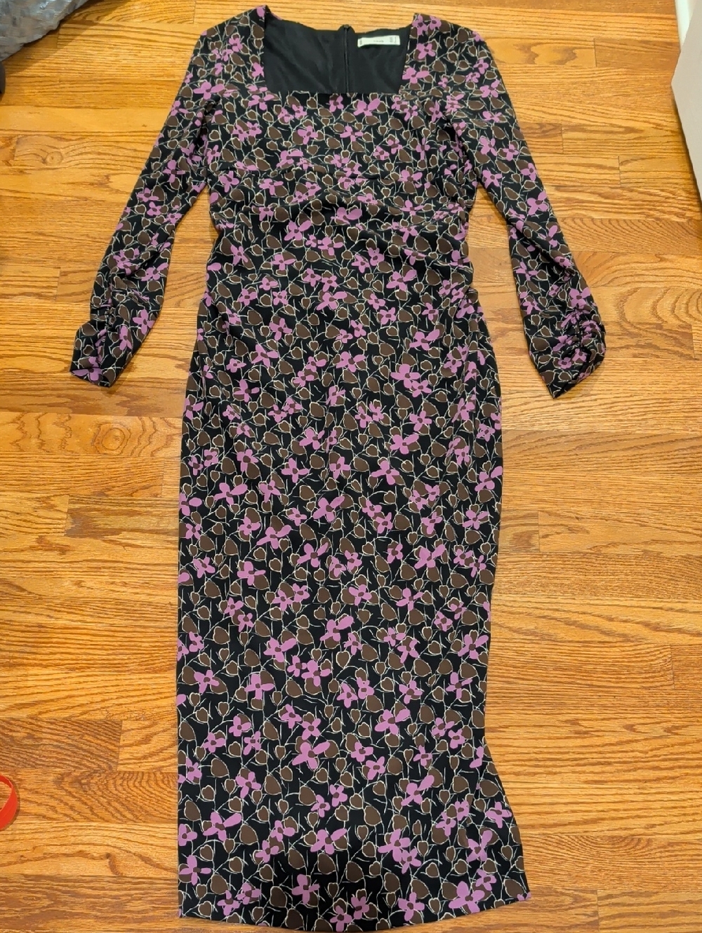 Mango Black Long-Sleeve Floral  Dress with Purple Flowers